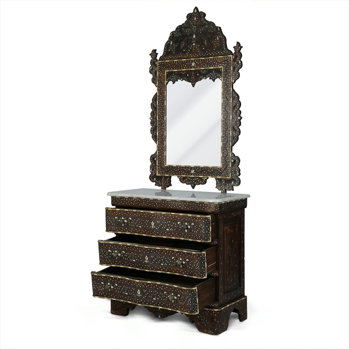 Walnut Wood Chest of Drawer Mirror Console Table with Marble Top
