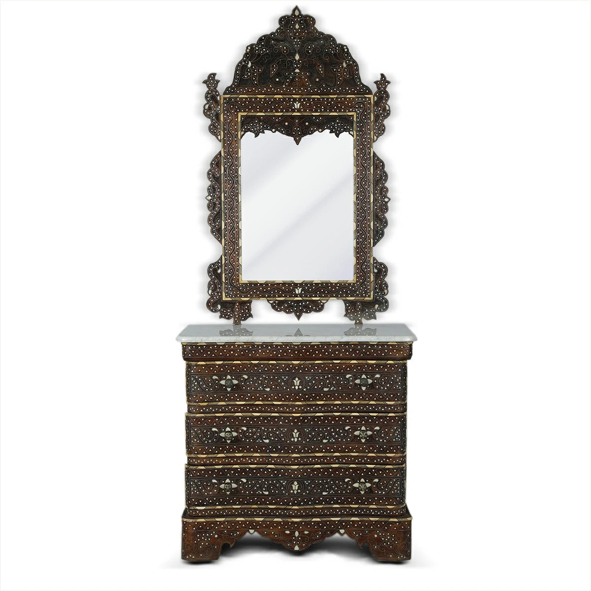 Handmade Mother of Pearl, Camel bone Inlaid Carved Walnut Wood Mirror & Chest of Drawers with White Marble Top