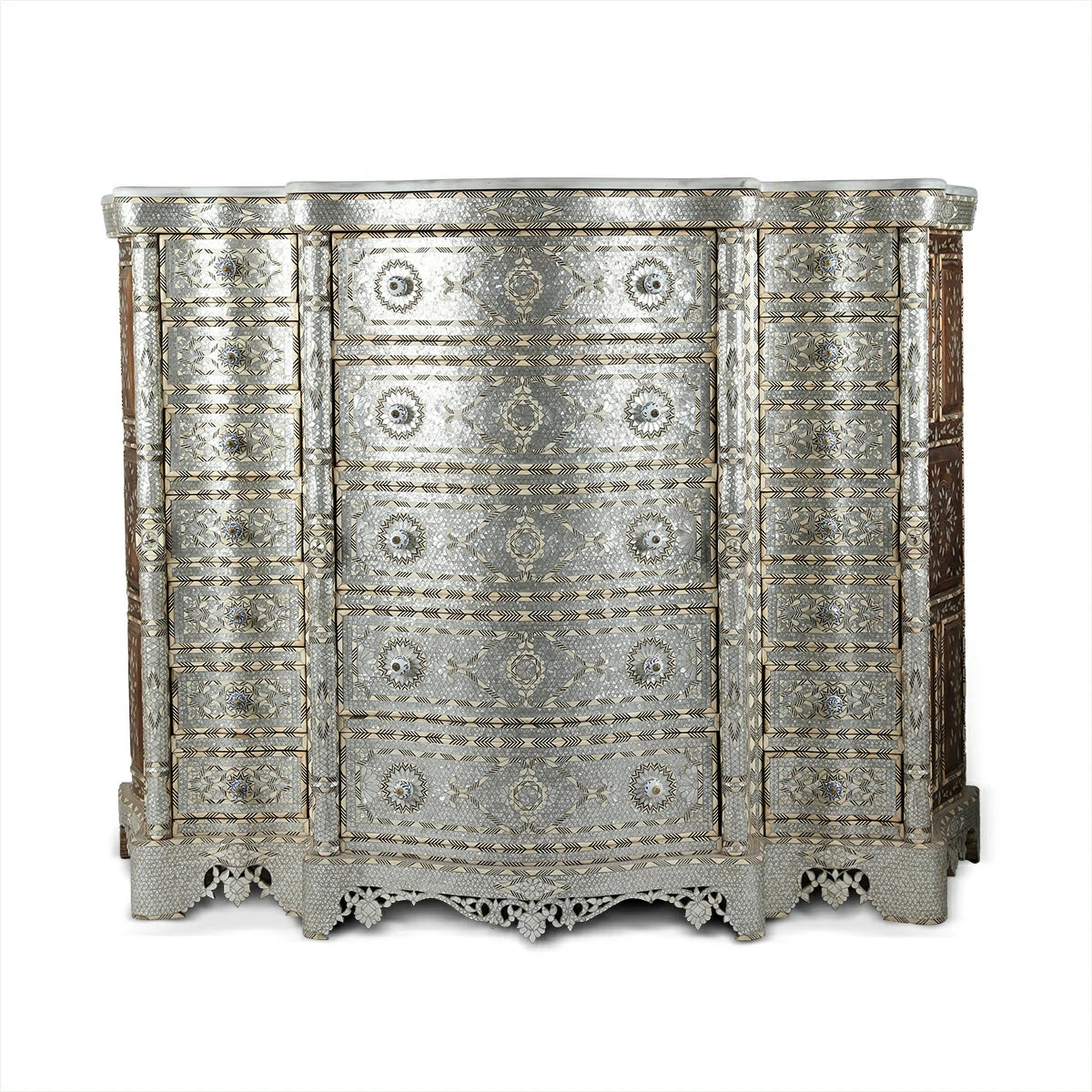 Exotic Syrian Tals Design Chest of Drawer Console Table With Ceramic Knobs & Marble Top