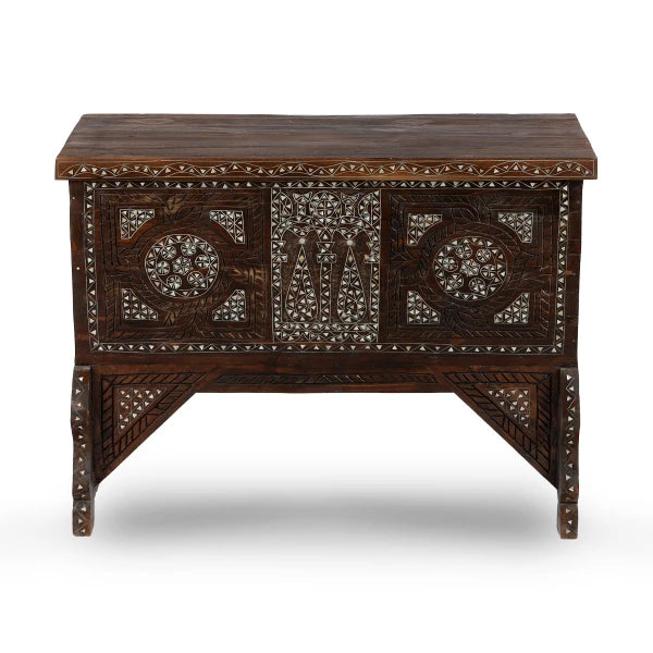 Top Angle View of Arabic Design Wooden Chest Console with Inlays