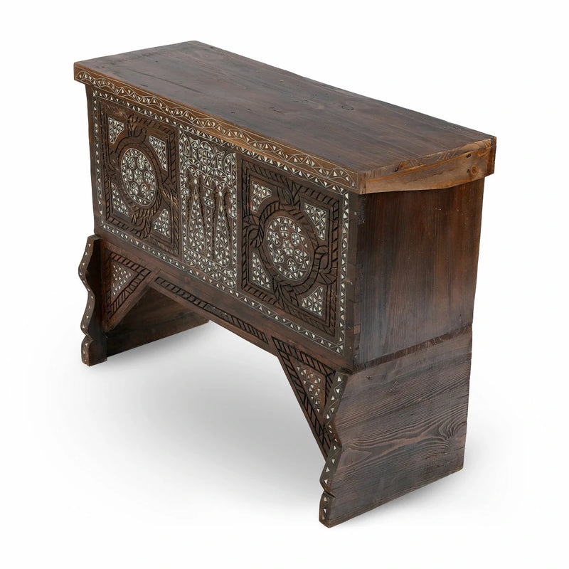 Top-Side Angle View of Arabic Design Wooden Chest Console with Inlays
