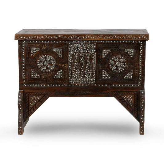 Traditional Walnut Wood Arabian Storage Chest Console 