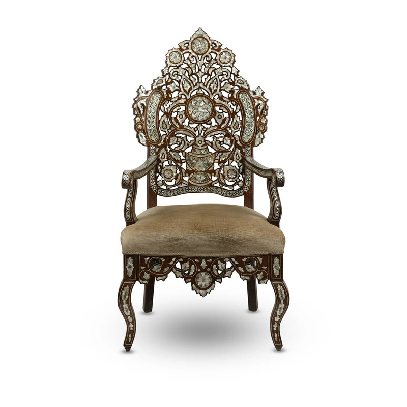 Mother of Pearl Inlaid Walnut Wood Levantine Armchair