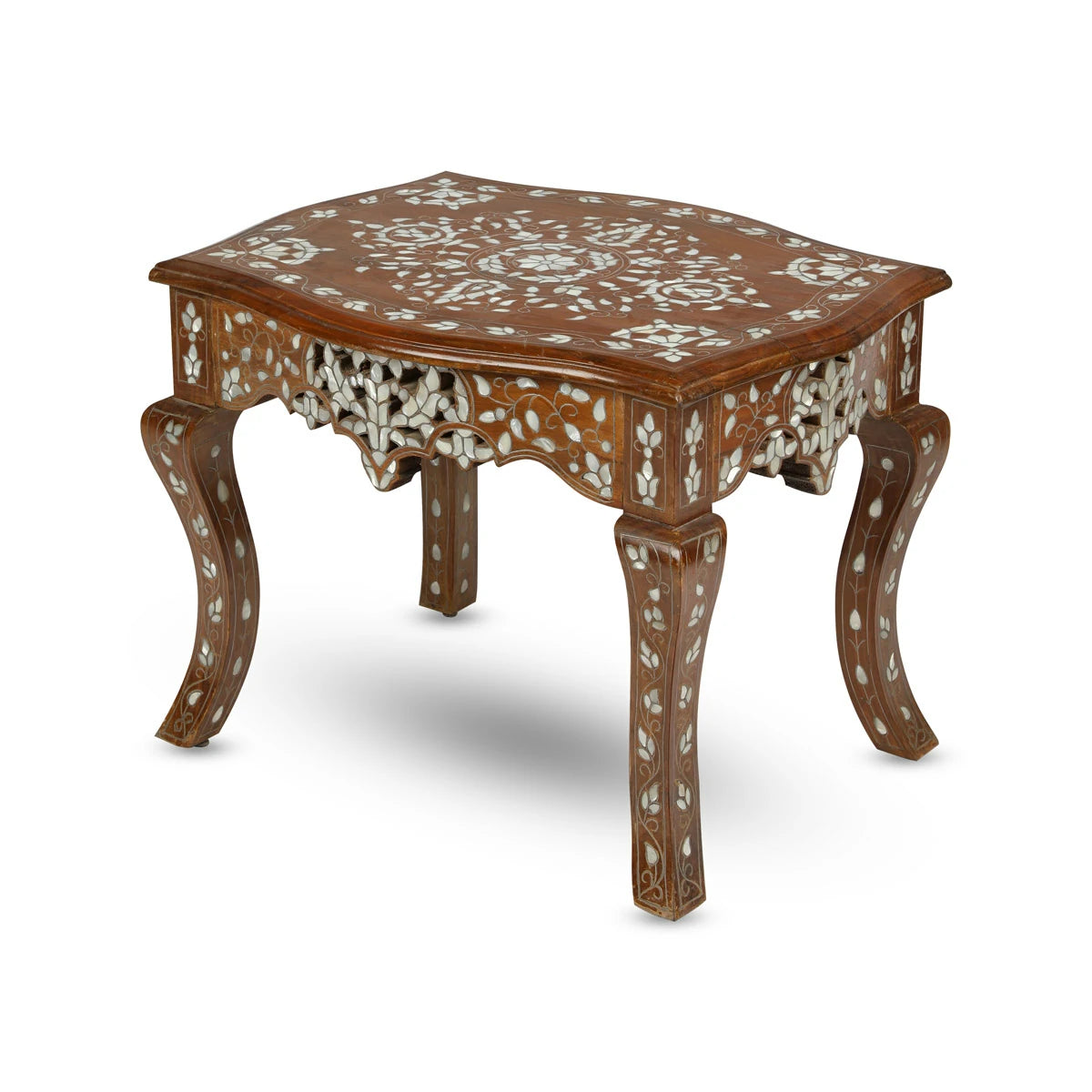 Artistic Syrian Side Table With Metallic Linings & Mother of Pearl Inlays in Floristic Motifs