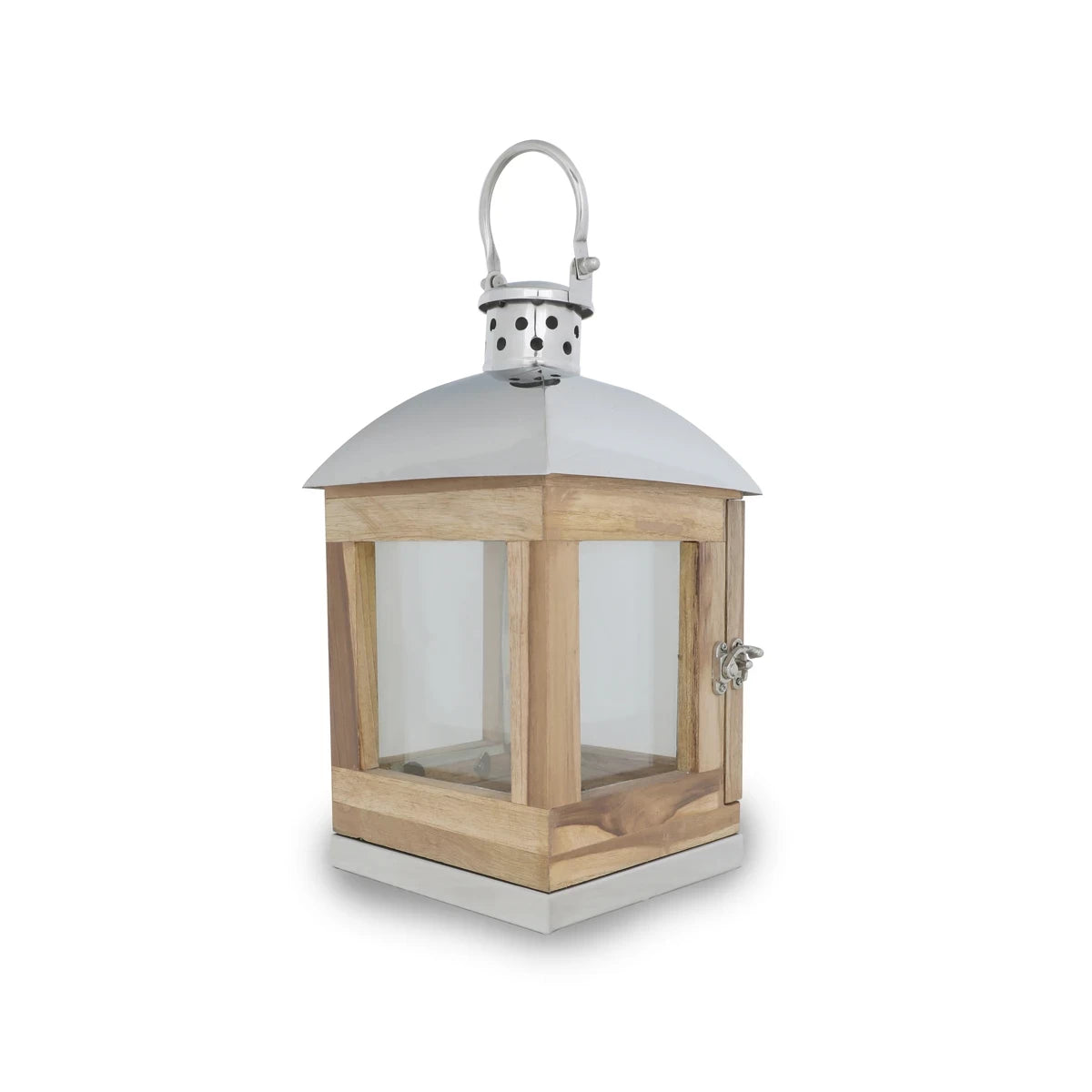 Metallic Chrome Floor Lantern with Wooden Frames - Short
