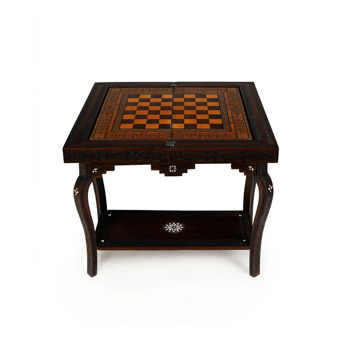 Handmade Traditional Arabian 3 in 1 Multi-Purpose Foldable Chess / Shatranj Table with a Storage Tier