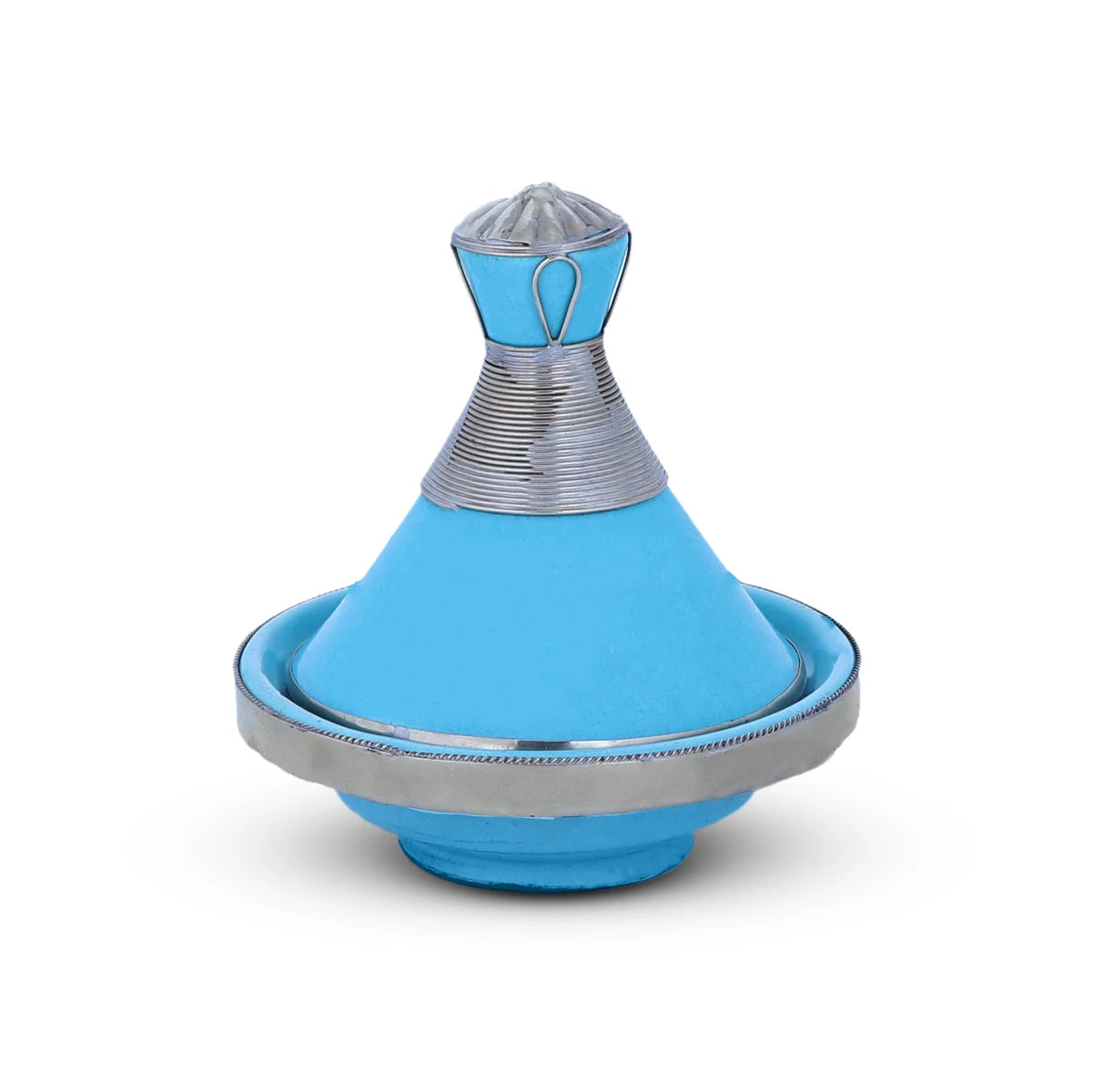 Authentic Handmade Cyan Blue Moroccan Tagine Ornamented with Brass Railings