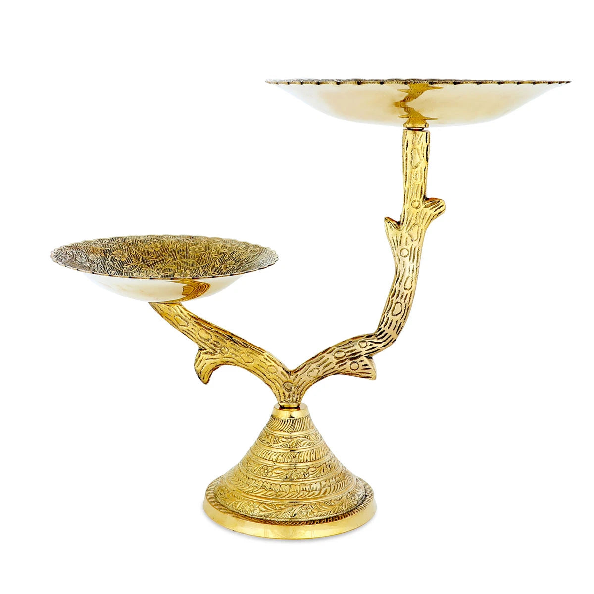 Creative Tree Branch like 2-Tier Gold Color Dry Fruit Bowl/ Stand Handmade of Brass with Floristic Engravings