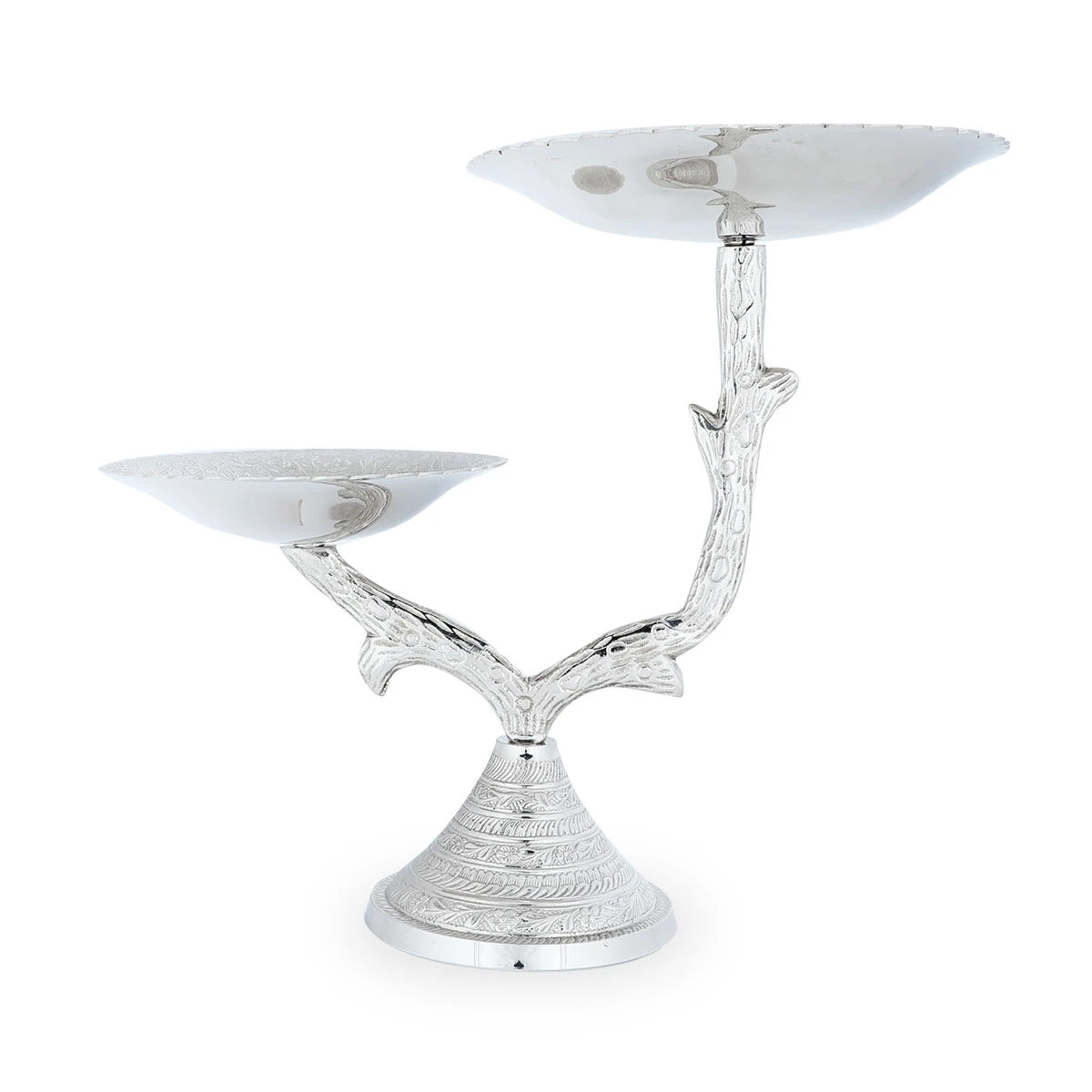 Front View of Branched Nickel Polished Silver Color Two-Tier Fruit Stand