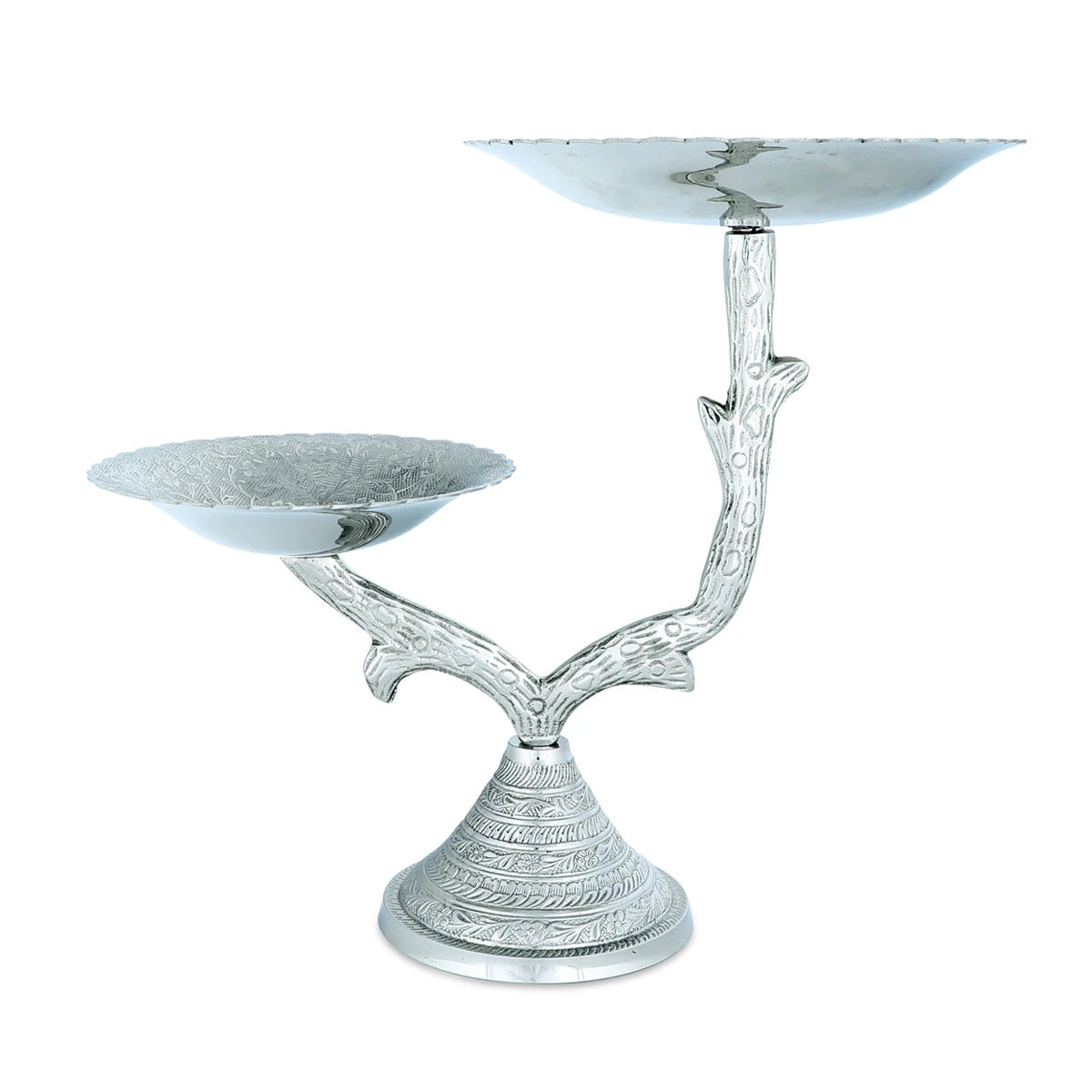Creative Tree Branch like 2-Tier Silver Color Dry Fruit Bowl/ Stand Handmade of Brass with Floristic Engravings