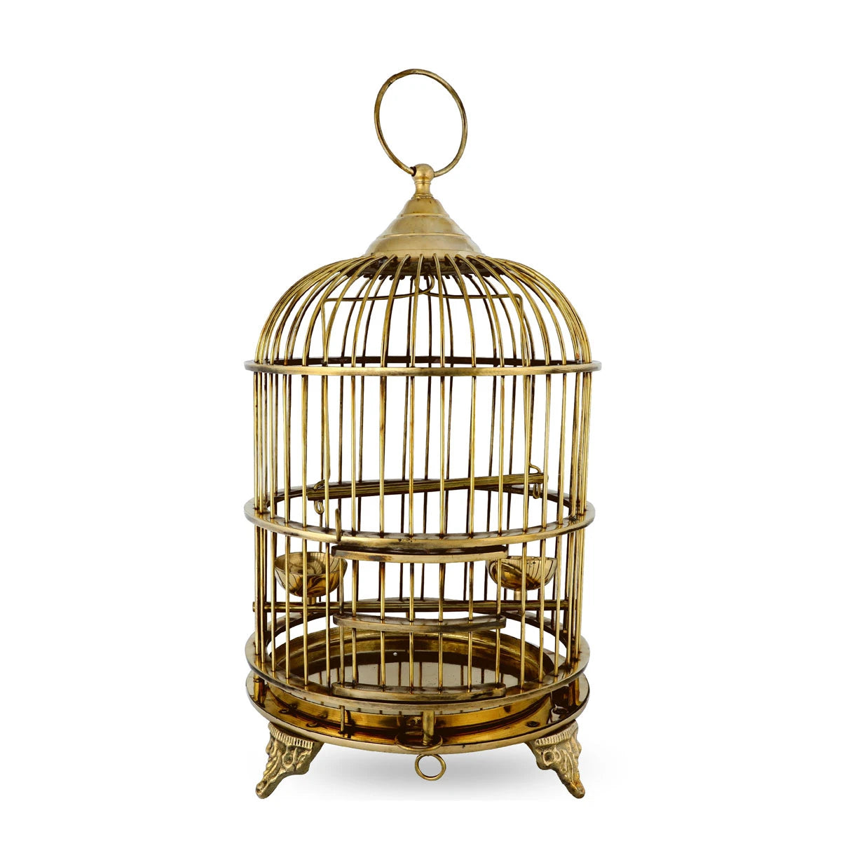 Golden Colored Vintage Brass Birdcage with Hanging Loops & Stand 