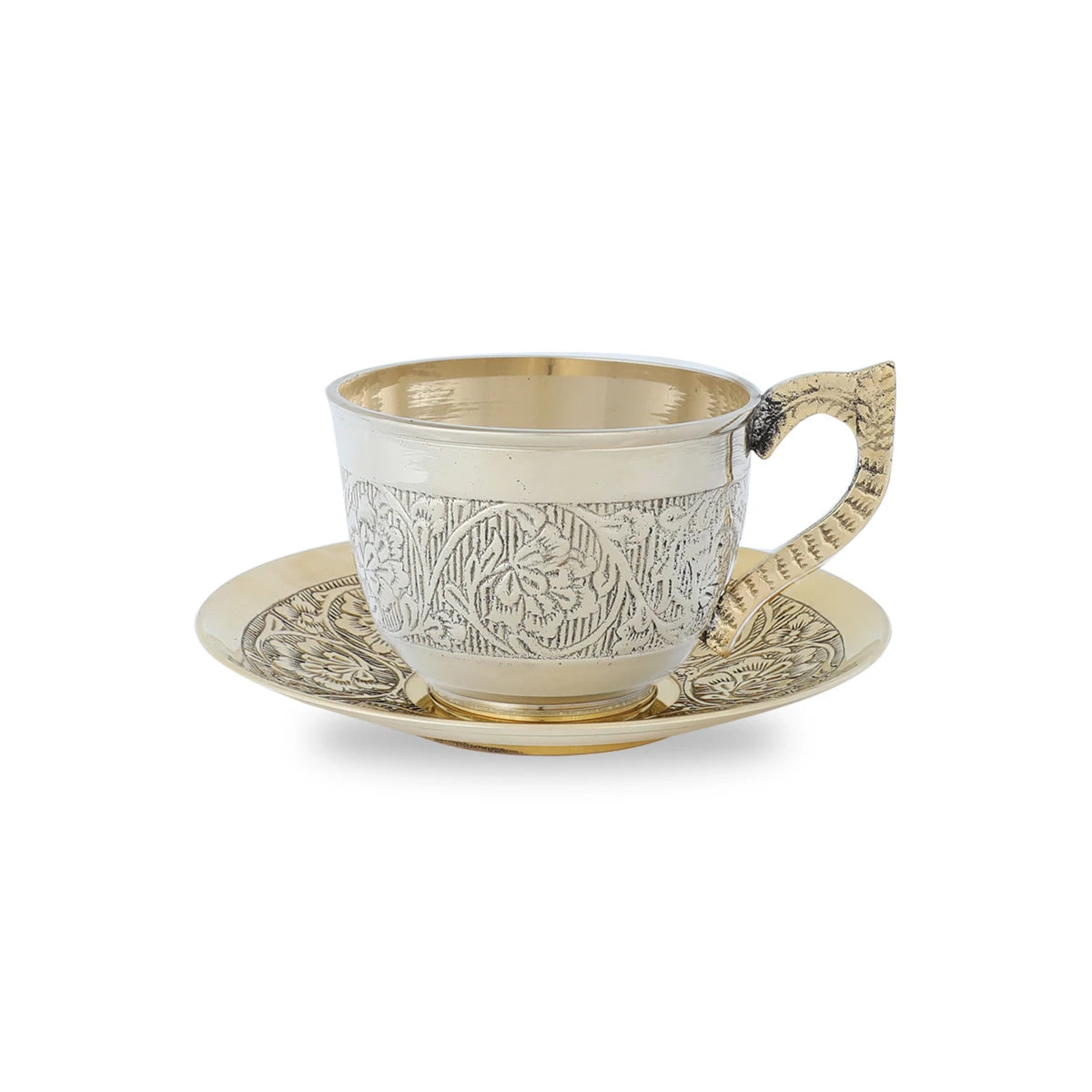 Gold Colored Metallic Tea/Coffee Cup Handmade of Brass With Floristic Engravings