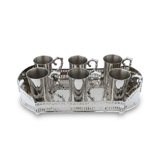 Set of 6 Silver colored Brass Metal Goblets with Serving Tray