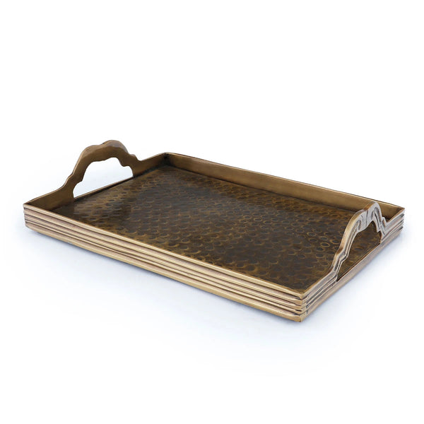 Hammered Textured Thick Brass Tray with Polished Metallic Finish