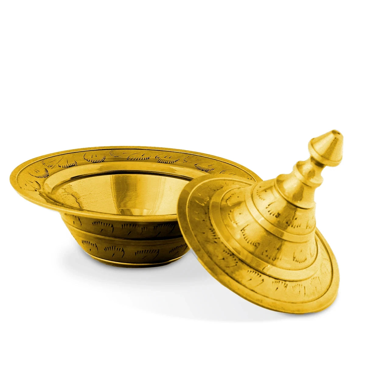 Angled View of Gold Colored Brass Metal Powder Pot with Open Lid