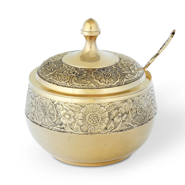 Straight View of Golden Colored Brass Sugar Pot