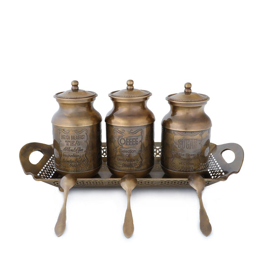 Set of 3 Vintage Brass Tea, Coffee & Sugar Canisters Set with Spoons & a Tray