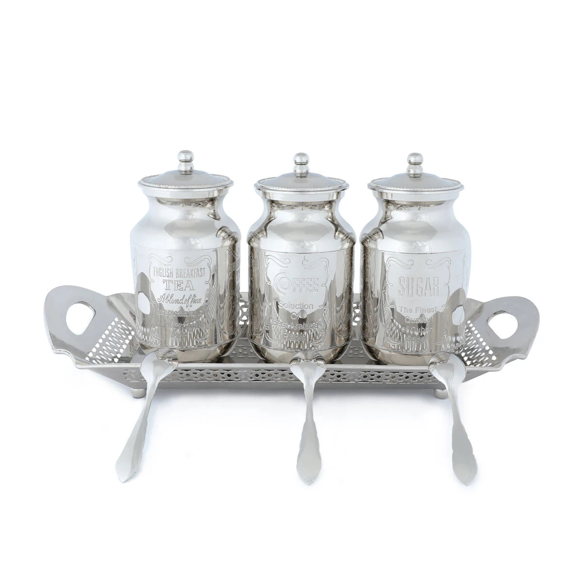 Glossy Nickel Coated Luxurious Brass Storage Canisters for Tea, Coffee & Sugar