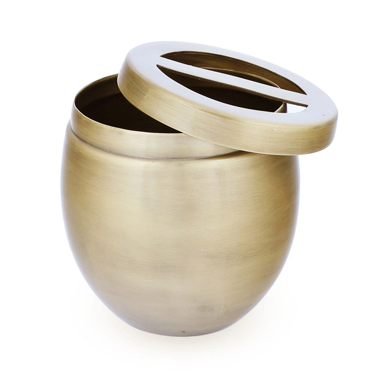 Top Angled View of Gold Colored Brass Metal Toothbrush Holder with Open Lids