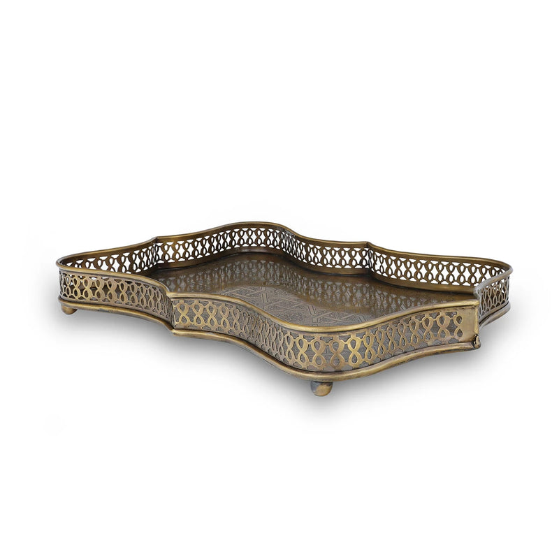 Handmade Sturdy Brass Metal Tray with Fractal Engravings and Perforated Railings