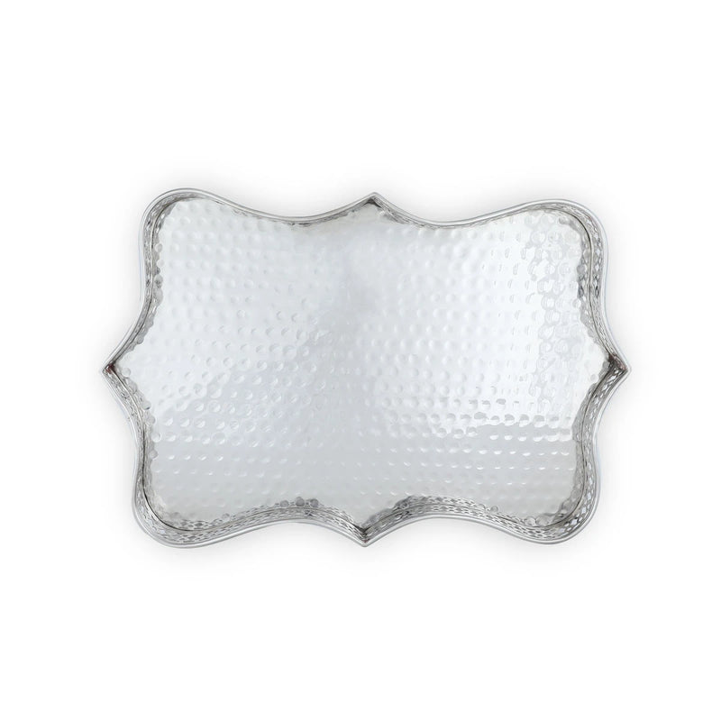 Top View of Glossy Silver Colored Brass Metal Tray with Hand hammered texture