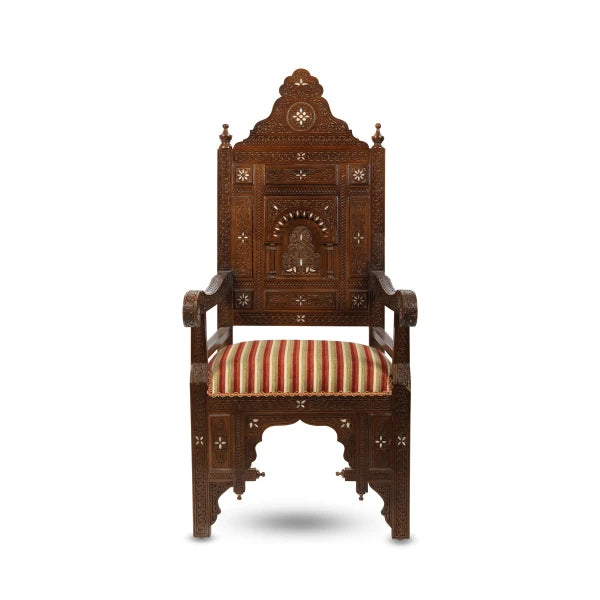 Handmade Walnut Wood Syrian Throne Chair with Artistic Inlays and carvings