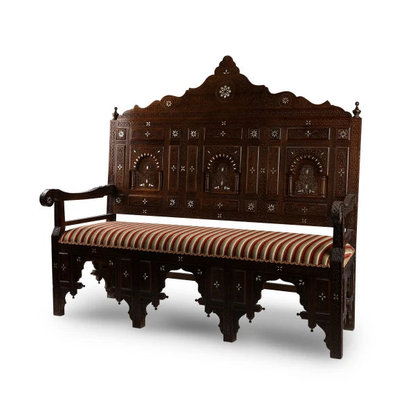 Handmade Antique Walnut Wood Syrian Sofa With Intricate Carvings and Mother of Pearl Inlays in Traditional Art Motifs