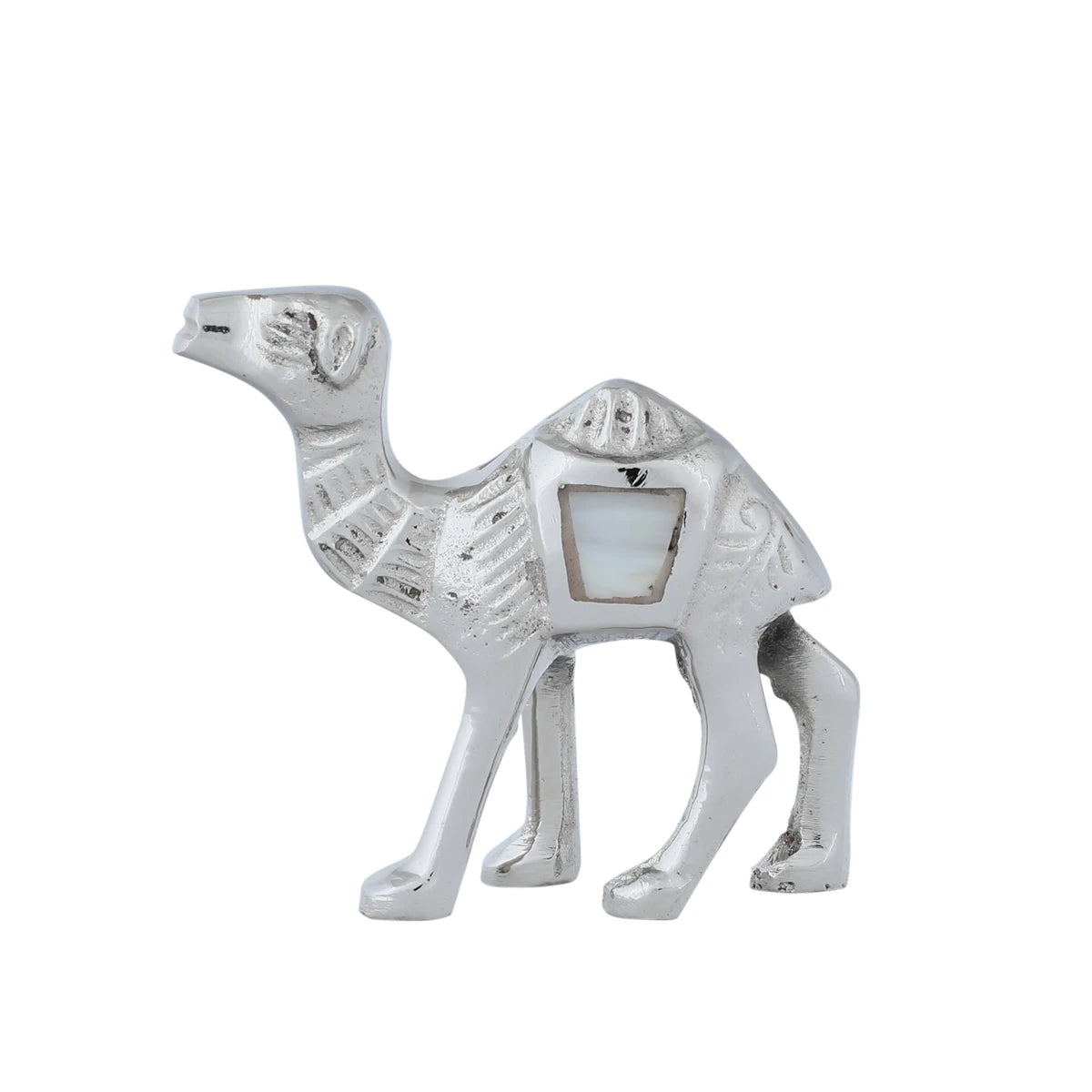 Glossy Nickel Coated Brass Metal Mini Camel Figurine With Mother of Pearl Inlay