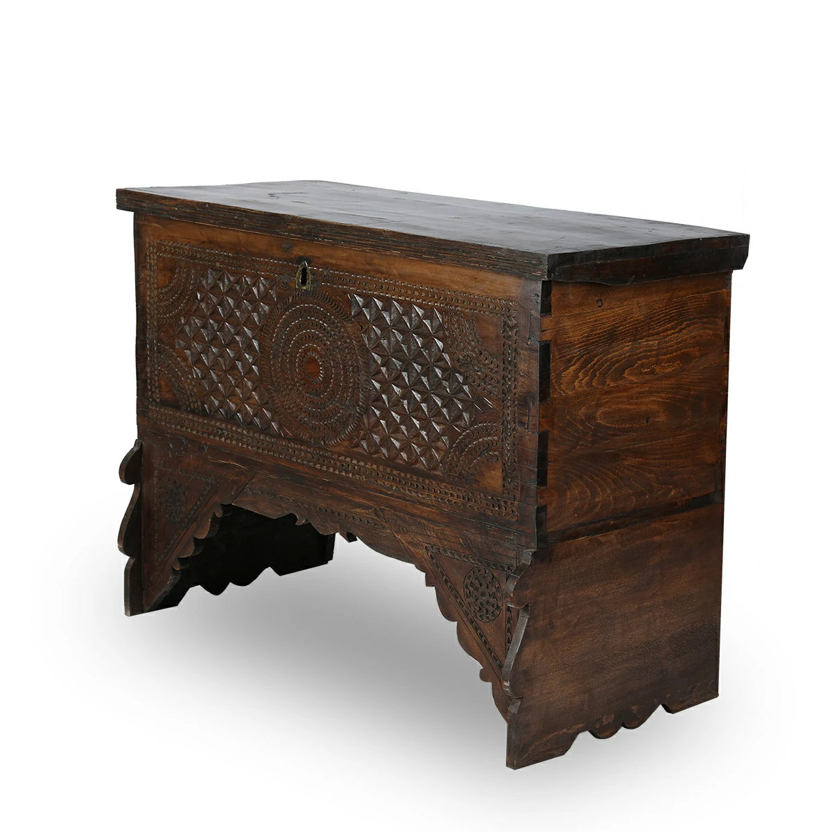 Antique Solid Wood Storage Chest with Traditional Carvings in Moorish Pattern