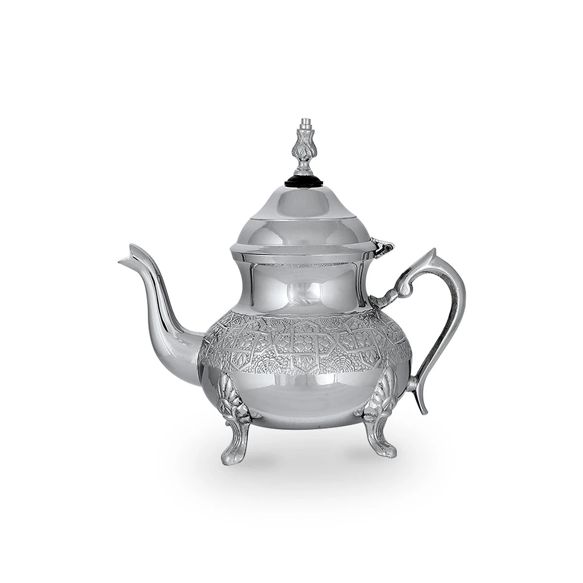 Side View of Glossy Silver Colored Carved Brass Metal Teapot