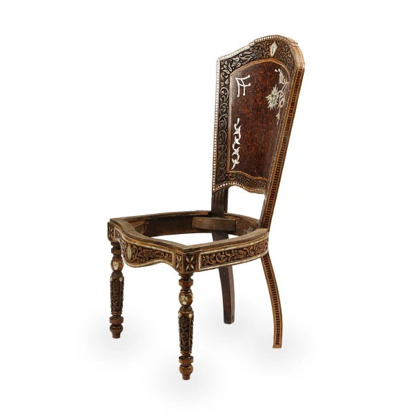 Handmade Walnut Wood Dining Chair with Inlays of Mother of Pearls & Mixed Woods
