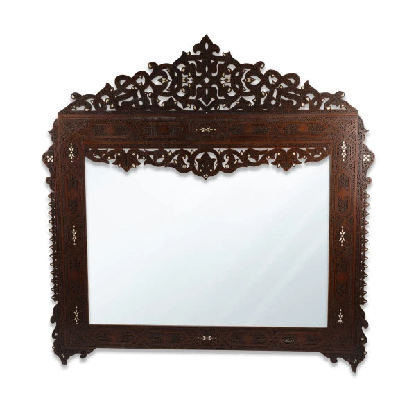 Large Wall Mounted Wooden Mirror frame Hand Carved & Inlaid with Mother of Pearl