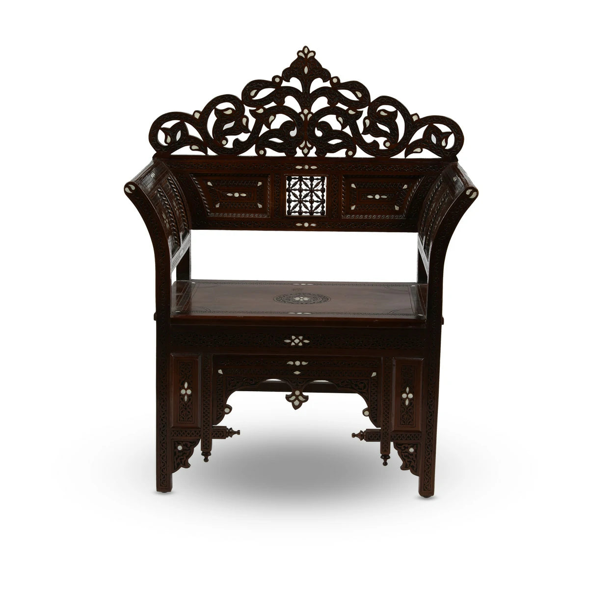 Front View of Carved Wood Syrian Suite Chair