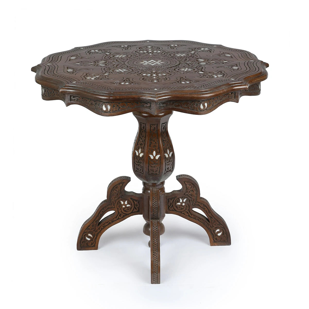 Straight View of Carved Wooden Mother of Pearl Inlaid Coffee Table