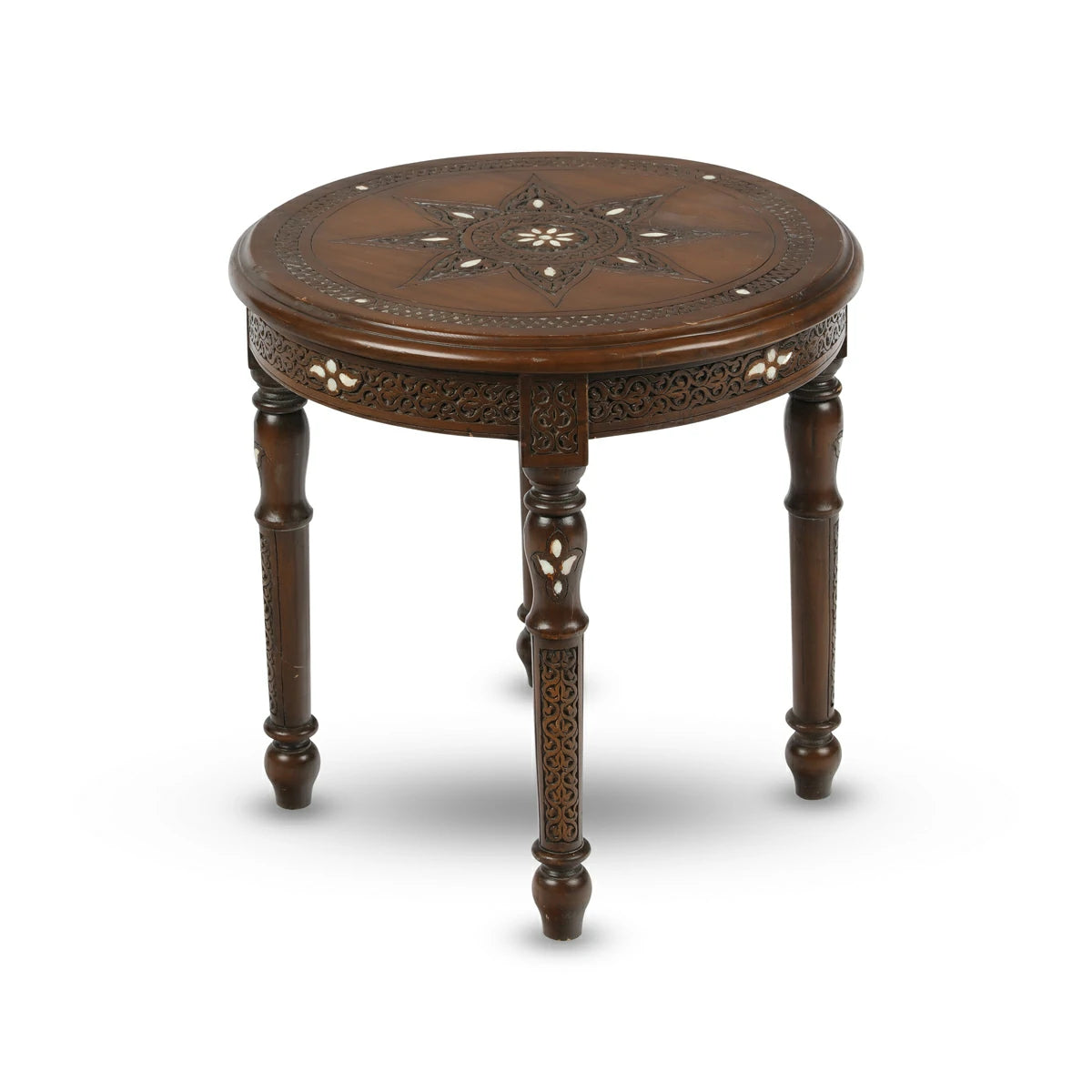 Antique Hand-carved & Mother of Pearl Inlaid Round Top Syrian Table