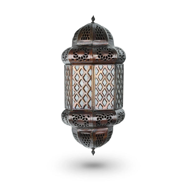 Front View of Brass Metal Classic Syrian Outdoor Wall Lamp With Diamond Shaped  Open Cut Works