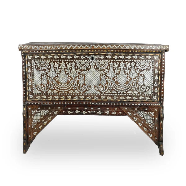 Classic Syrian Wood Console Inlaid with Mother of Pearls, Metallic Wirings & Camel Bones in Islamic Geometrical Motifs