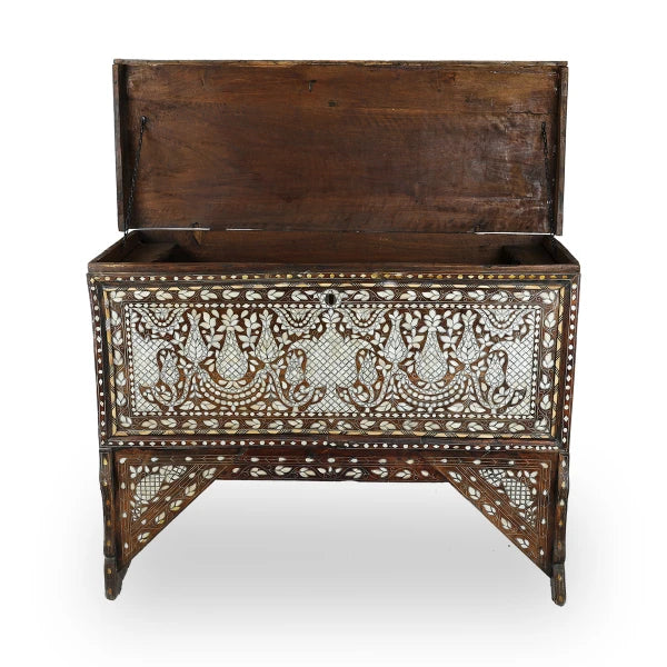 Front View of Classic Syrian Wood Mother of Pearl Inlaid Console with Open Top
