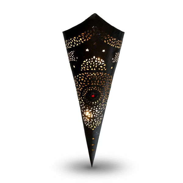 Cone Shaped Brass Metal Wall Sconce with Geometrical Perforations Centered with a Red Spot