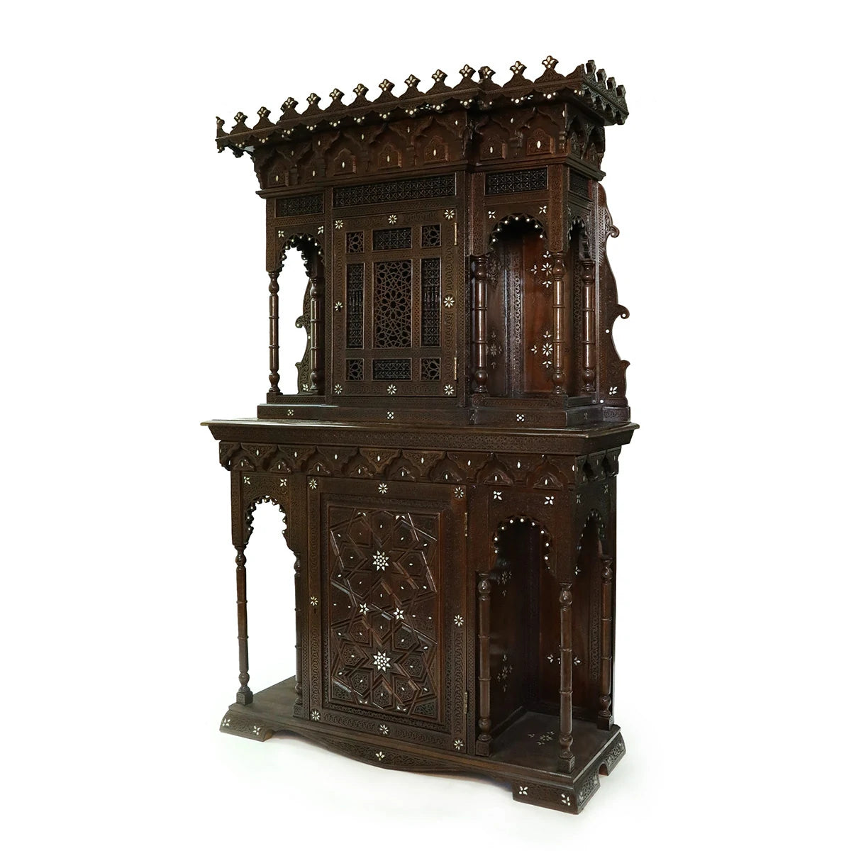 Dark Polished Textured Brown Walnut Wood Syrian Artisan Wall Cabinet