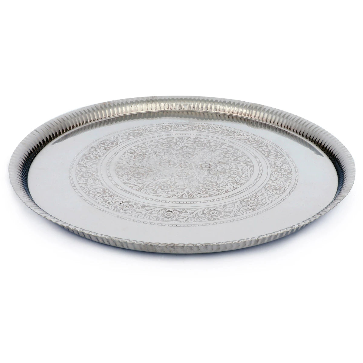 Decorative Silver Floral Pattern Fretted Round Brass Tray 
