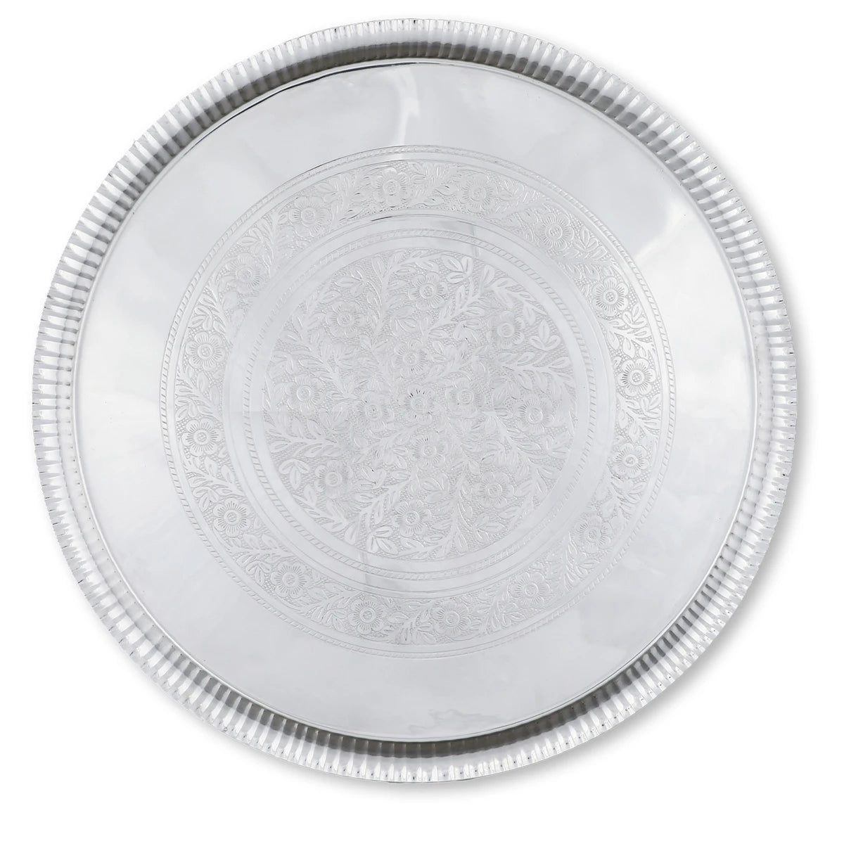 Top View of Glossy Silver Colored Round Brass Metal Tray