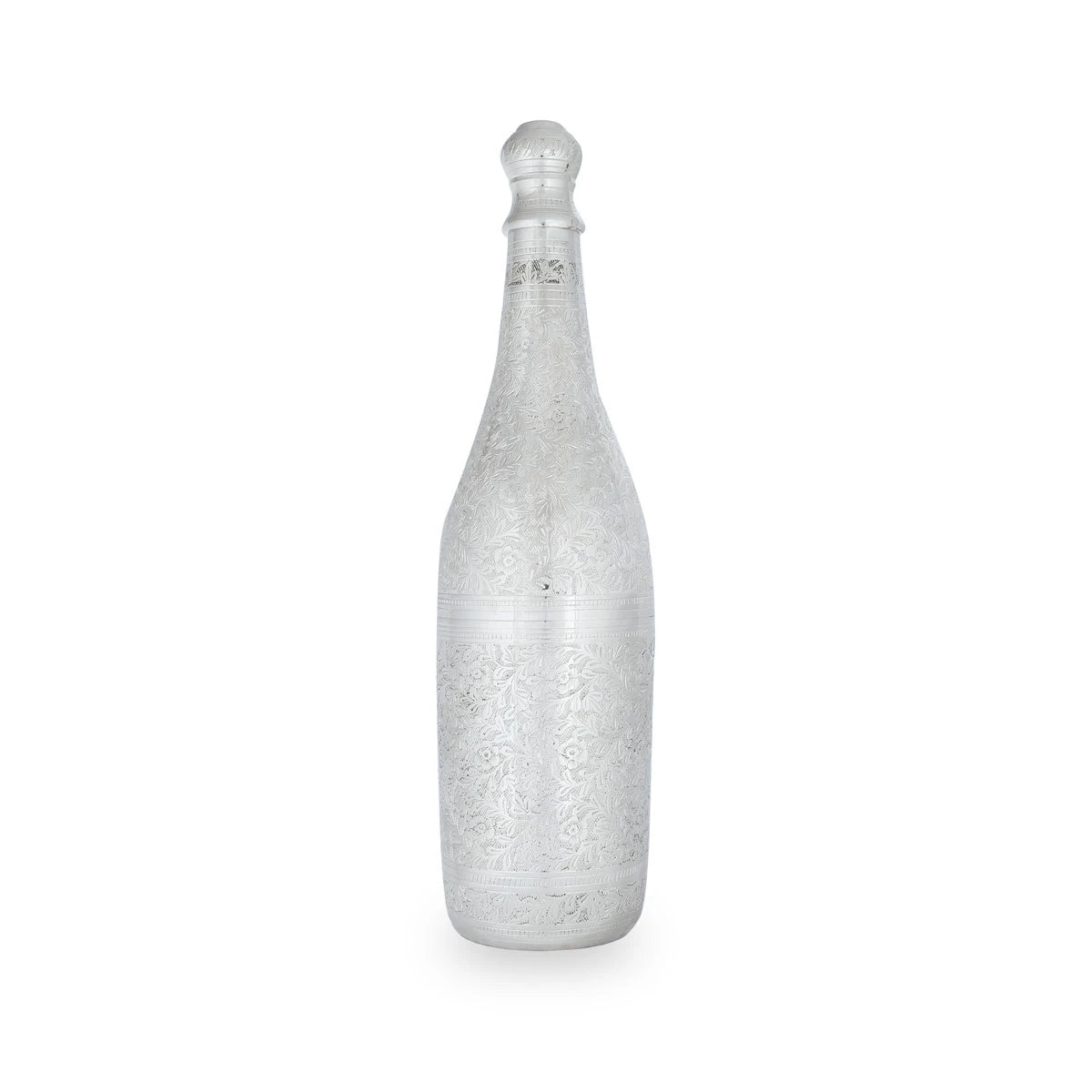 Glossy Silver Colored Hand-carved Brass Metal Bottle Decor