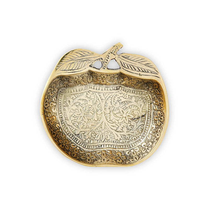 Brass Metal Pin Tray / Trinket Bowl Hand-Crafted with Artistic Floral Engravings in Apple Shape