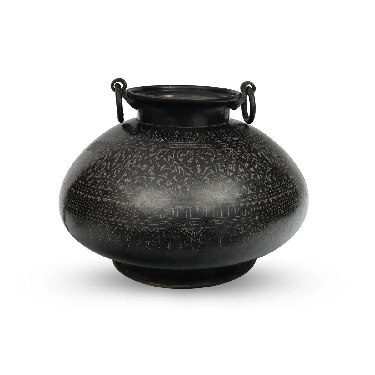 Dark Colored Vintage Brass Metal Planter Decor Pot Handmade with Primitive Floral Motif Engravings