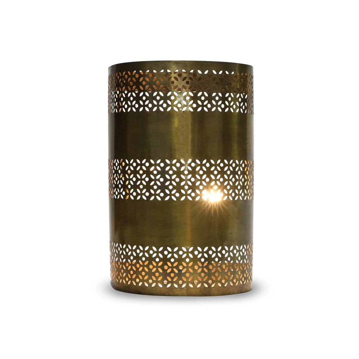 Front View of Perforated Decorative Indoor Wall Sconce with Lights on
