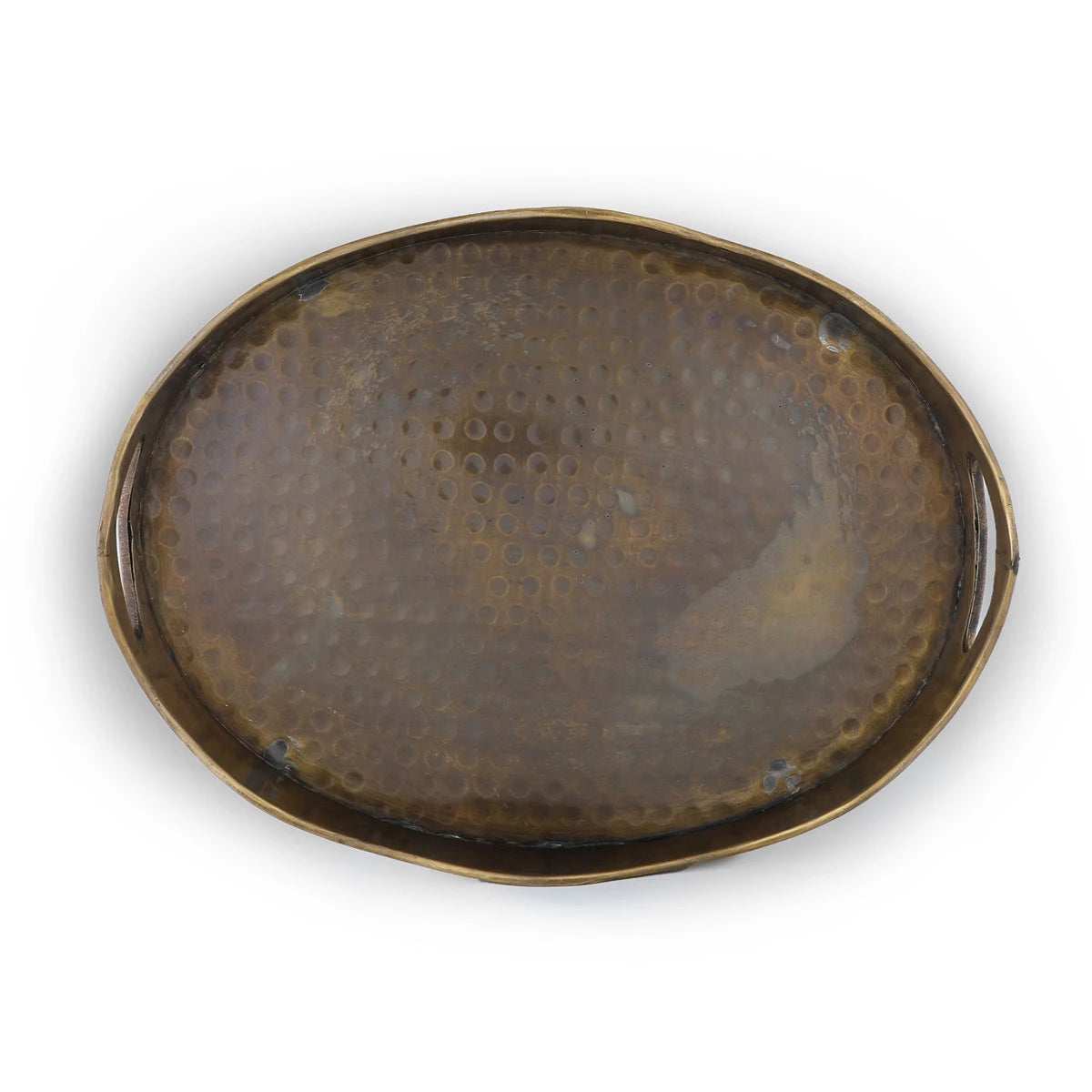 Top View of Vintage Themed Brass Metal Decorative Tray With Hand Hammered Base Texture