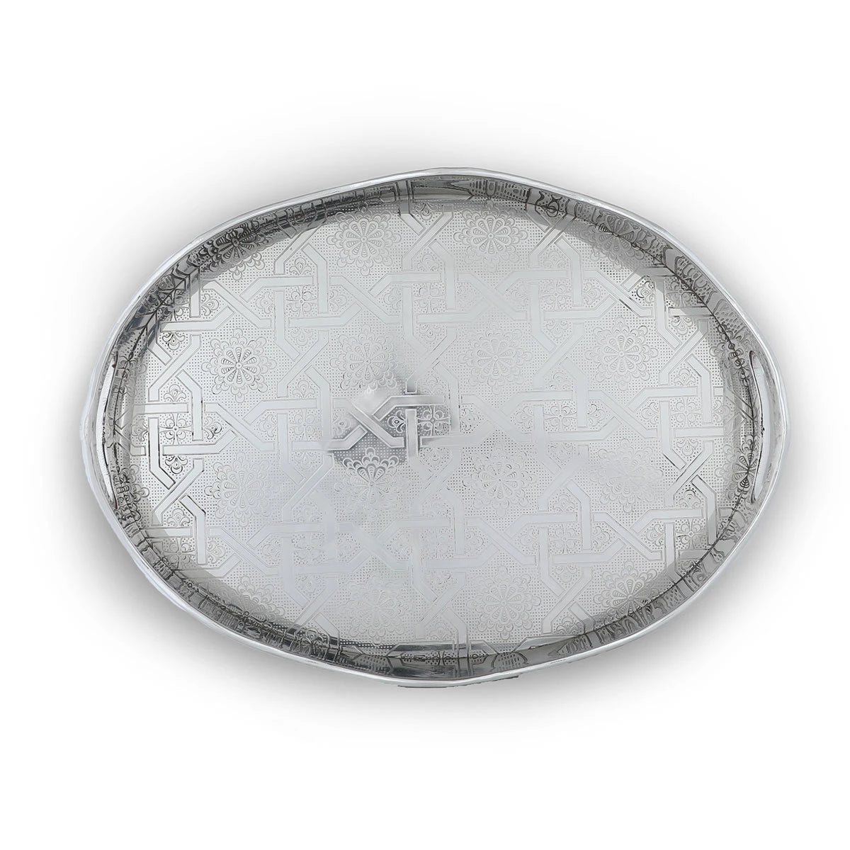 Top View of Vintage Themed Brass Metal Decorative Tray With Hand-Carved Base Texture