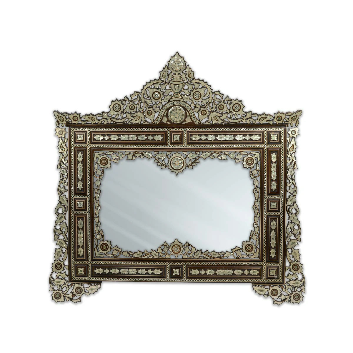 Huge Syrian Artisan Made Landscape Mirror with Mother of Pearl, Abalone & Marquetry Inlays in Moorish Patterns