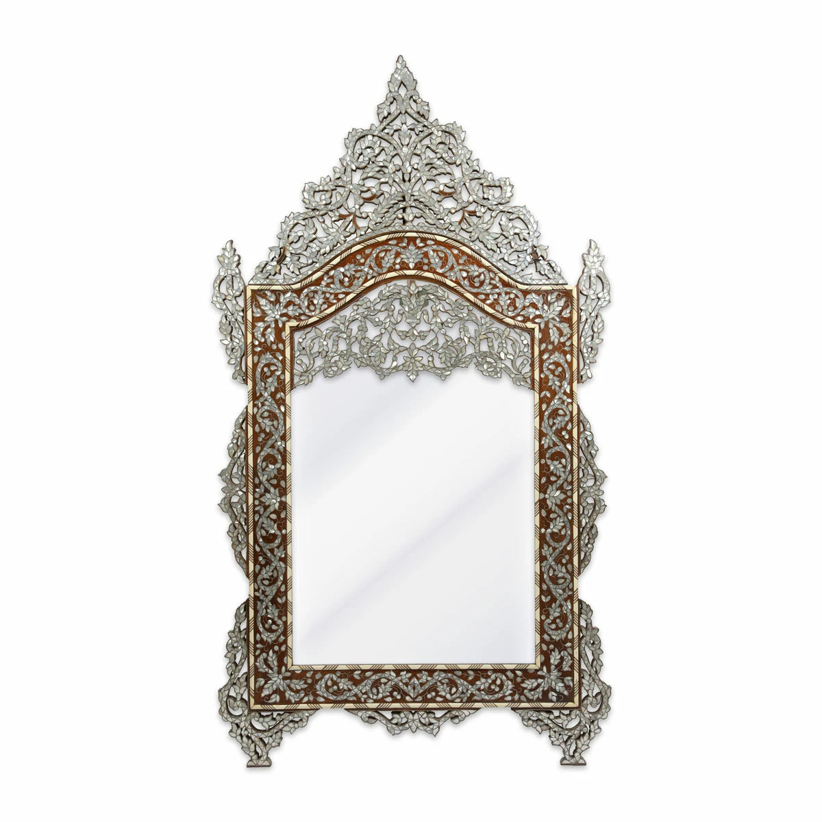 Traditional Walnut Wooden Syrian Mirror Inlaid With Mother of Pearls Camel Bone & Metallic Wiring in Ethnic Tals Method